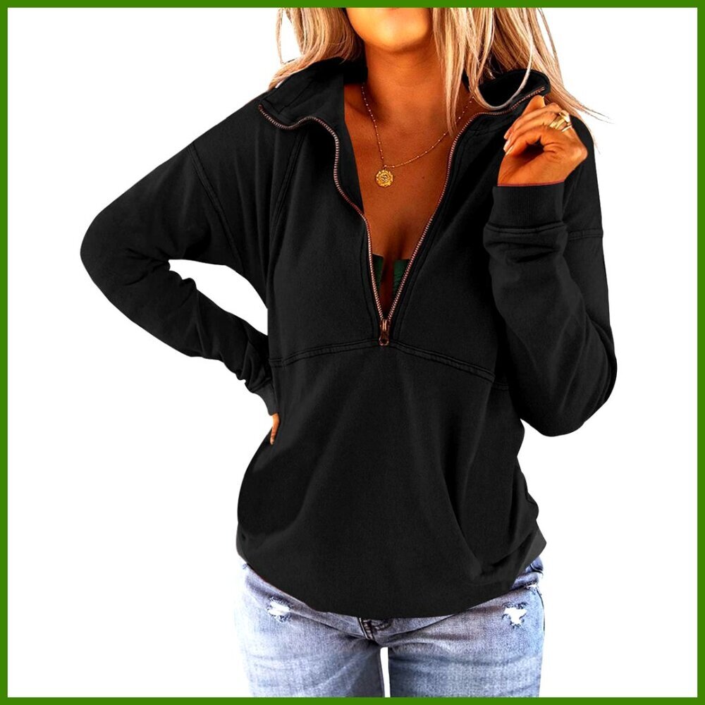 Long Sleeve Lapel Half Zip Sweatshirt Loose Fit Casual Pullover
